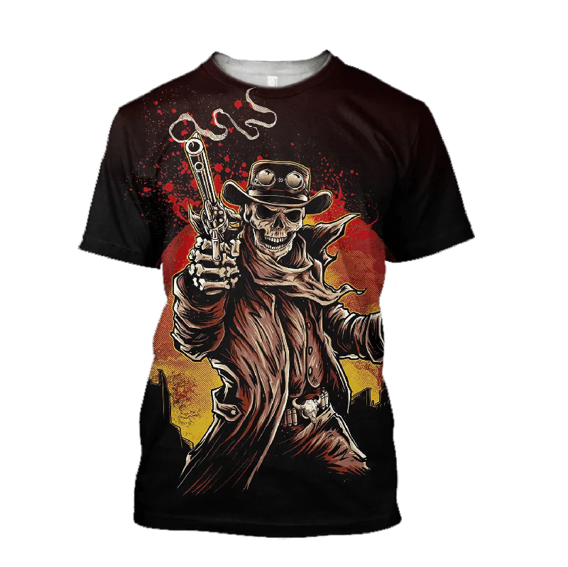 Cowboy Skeleton 3D T Shirt Halloween Cowboy Gifts-- Denim Fabric Leather Fabric Suede Fabric
