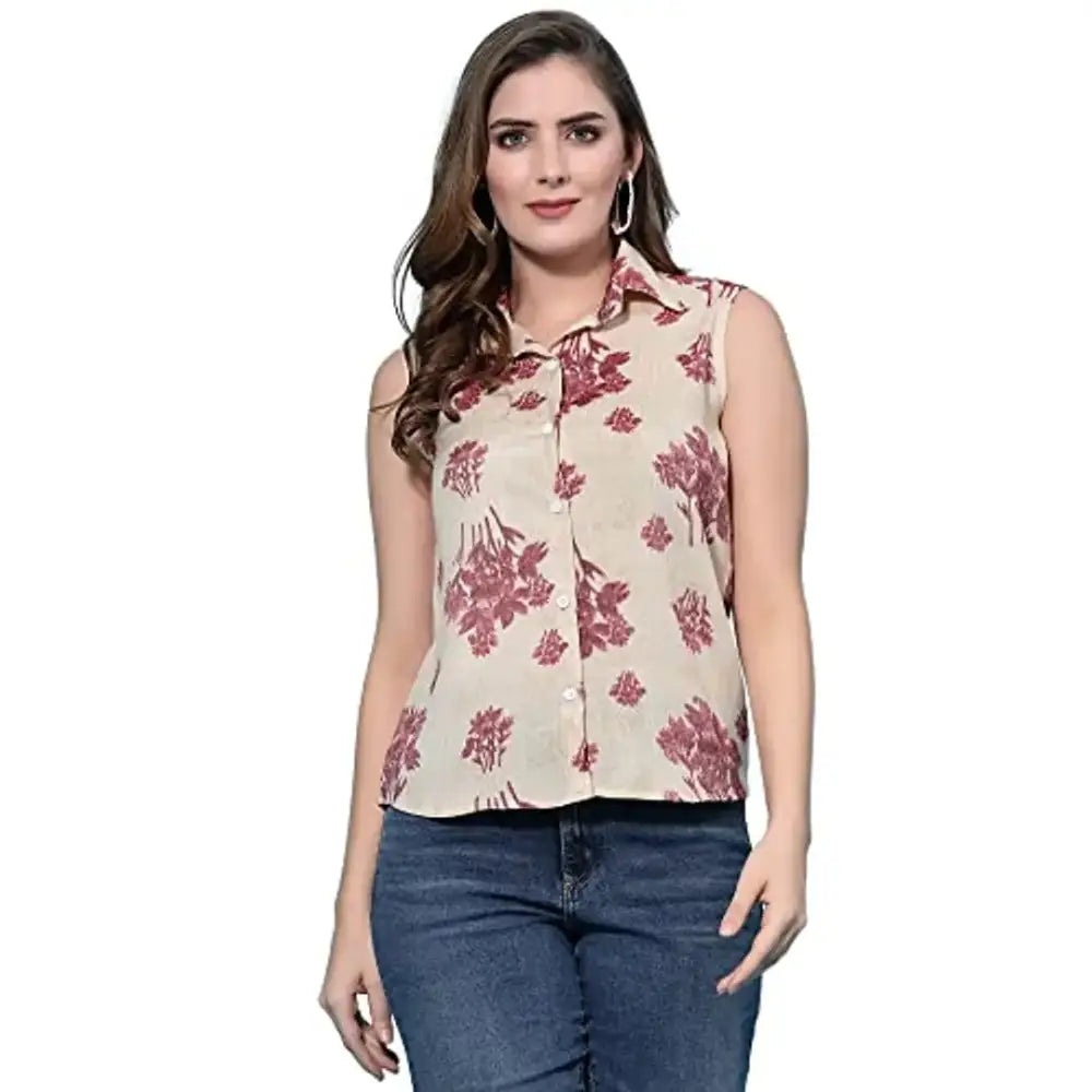 OOMPH! Women's Viscose Rayon Printed Shirt with Collared Neck and Sleeveless-- Collared Crew Neck Turtle Neck