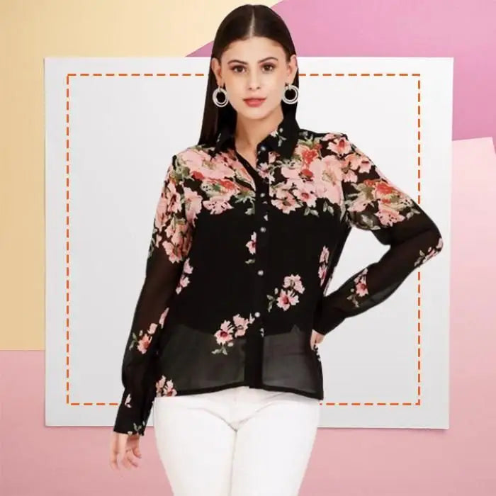Women's Georgette Floral Collar Neck Shirt-- Rayon Velvet Corduroy