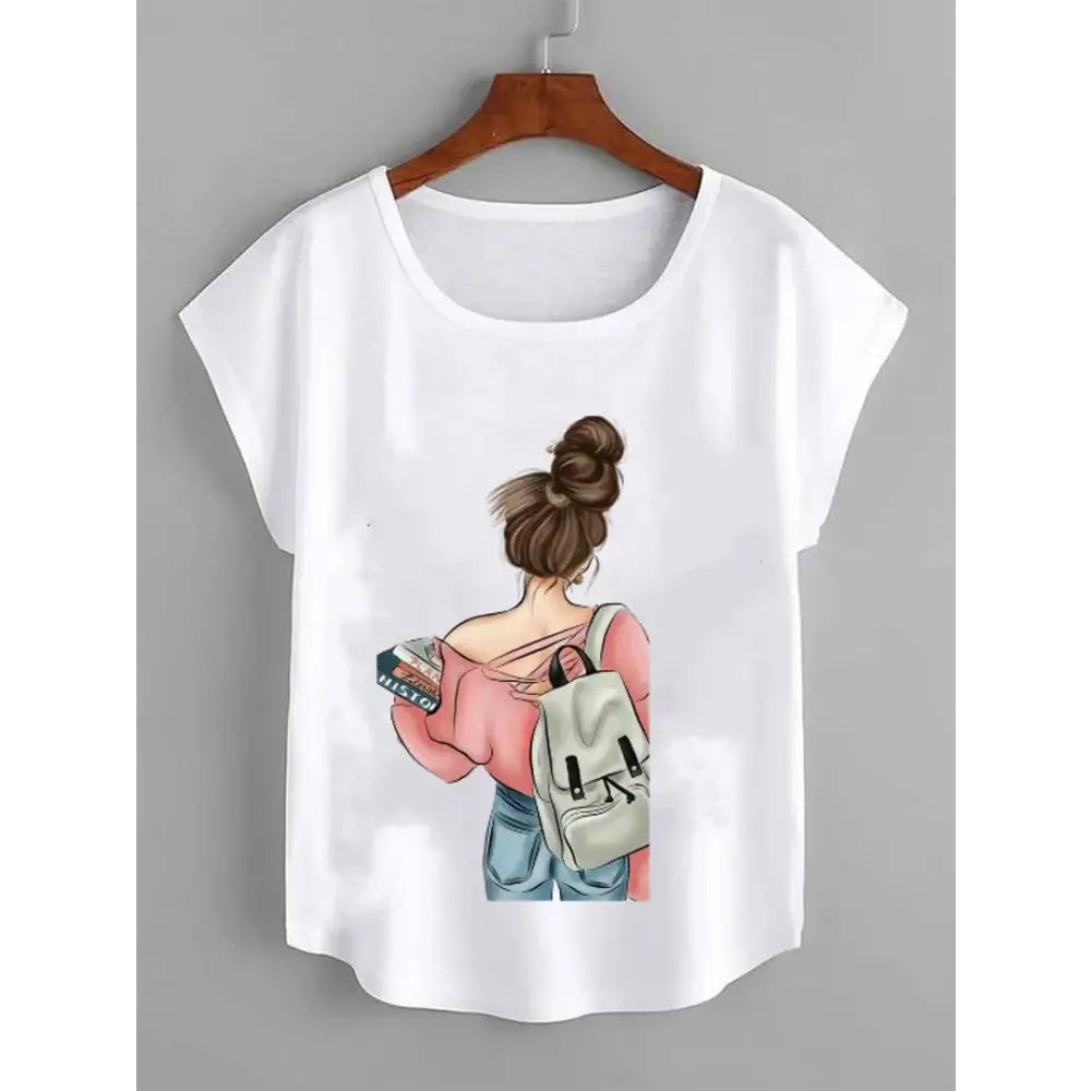 Polyester Half Sleeve Round Neck Casual Type Printed Women tshirt-- Fleece Fabric Down Fabric Feather Fabric