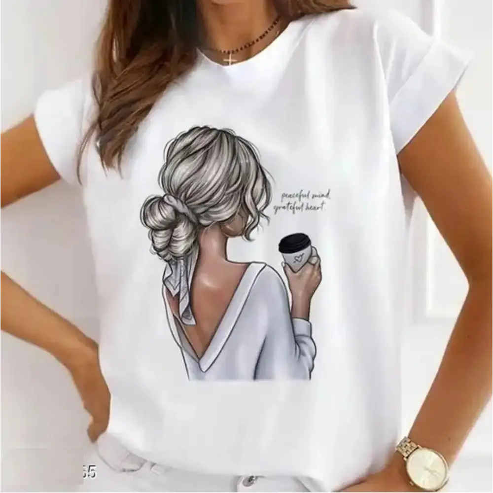 Polyester Round neck Half Sleeve Printed Women Tshirt-- Mesh Blend Leather Blend Suede Blend