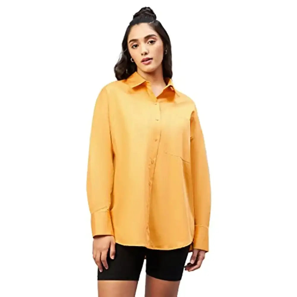 Chimpaaanzee Women Cotton Mustard Solid Oversize Fit Shirt-- Satin Blend Silk Blend Wool Blend