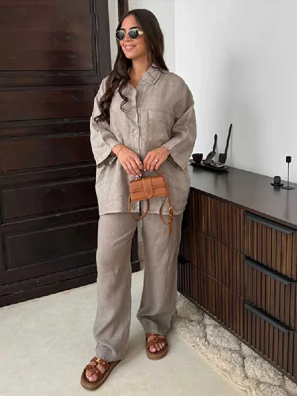 Casual Cotton Linen Shirt Pant Set Single Breasted Collar Pant Set-- Plaid T-Shirt Polka Dot Checkered