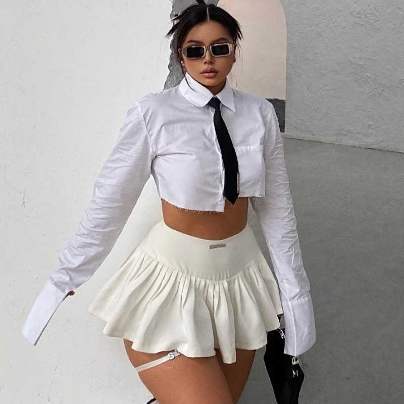 SYNEZ Long Sleeve White Tie Cropped Office Shirt-- Nylon Fabric Polyester Fabric Spandex Fabric