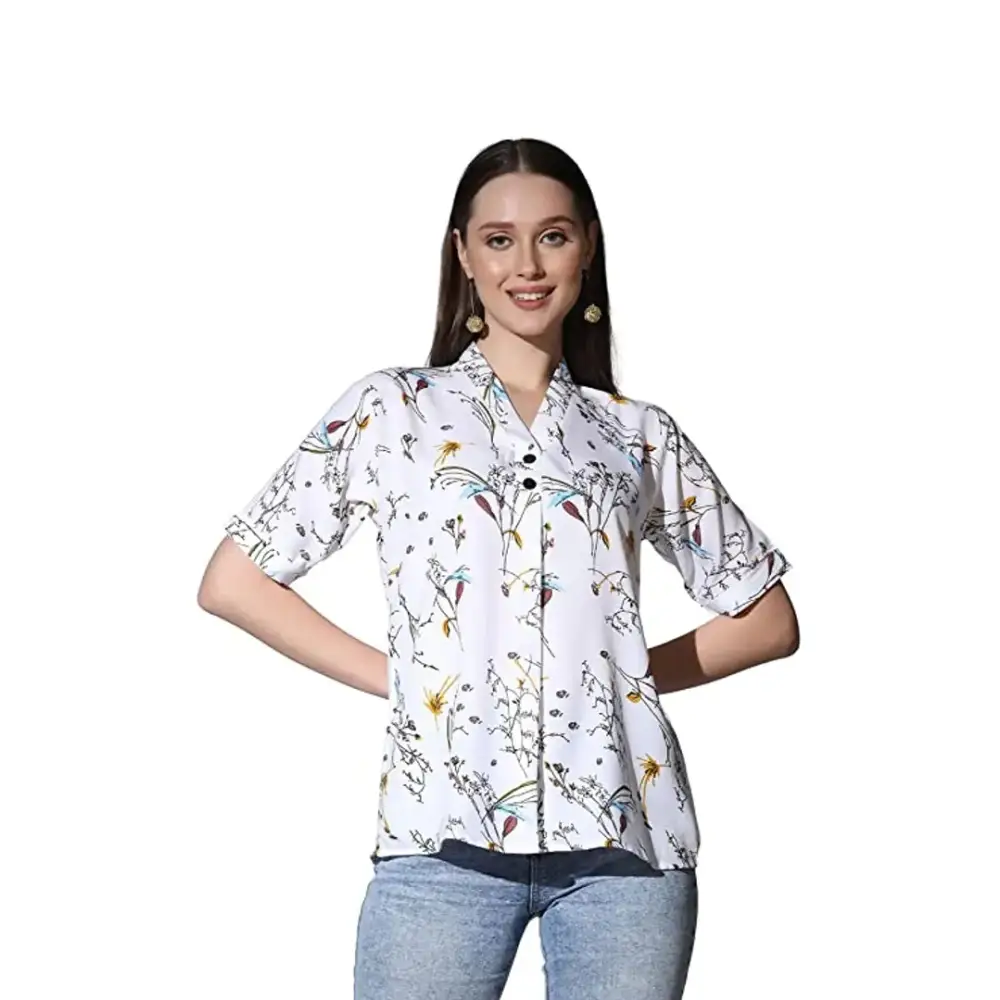 Trendy Women Crepe Printed Shirt-- Spandex Blend Rayon Blend Denim Blend