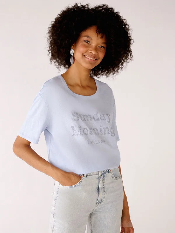 Oui Printed T-Shirt Blue-- Collared Crew Neck Turtle Neck