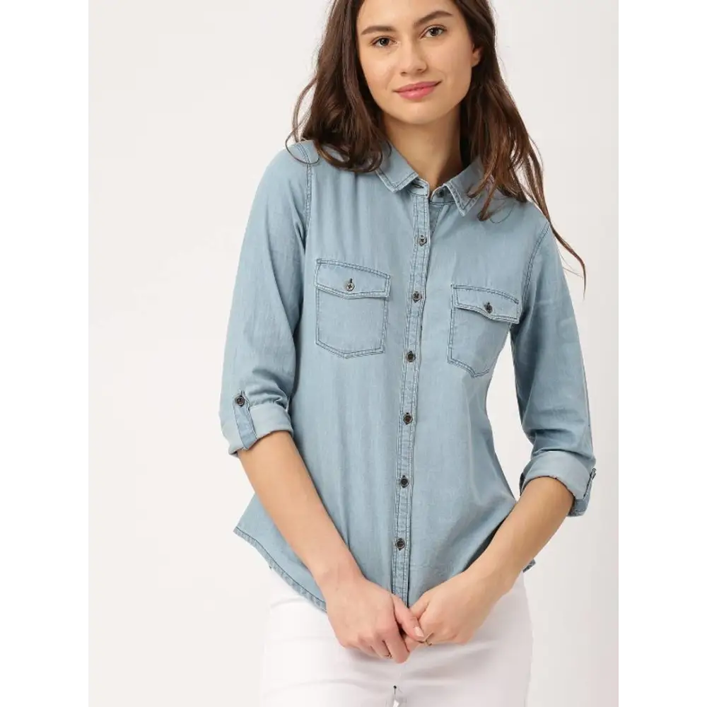 Stylish Denim Solid Shirt For Women-- Fleece Nylon Spandex