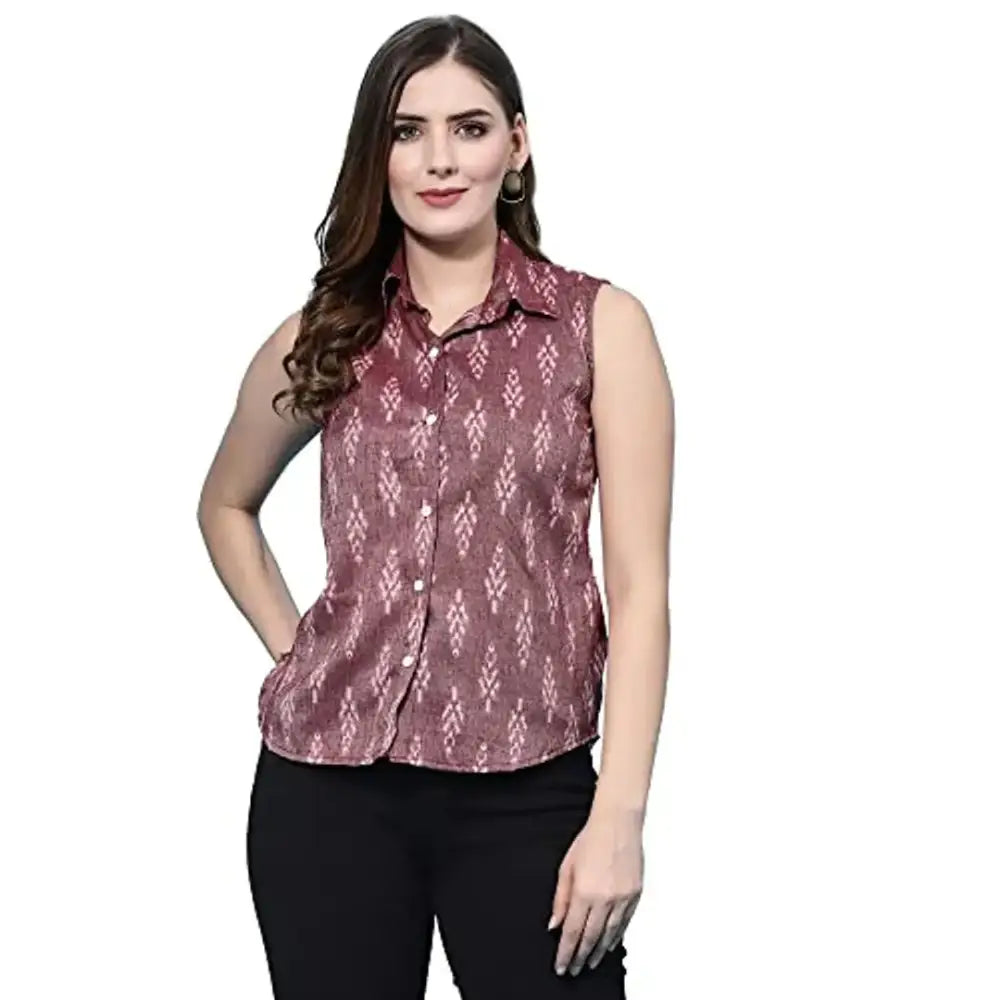 OOMPH! Women's Viscose Rayon Printed Shirt with Collared Neck and Sleeveless-- Polka Dot Checkered Tartan