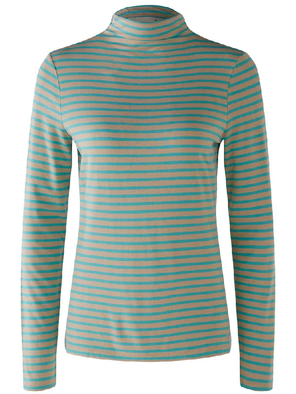 Oui High Neck T-Shirt Blue-- Fitted T-Shirt Seamless Stretchy