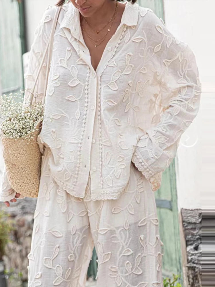 Embroidery Long Sleeve Single Breasted Shirts Wide Leg Pant Set-- Solid Color Striped Floral