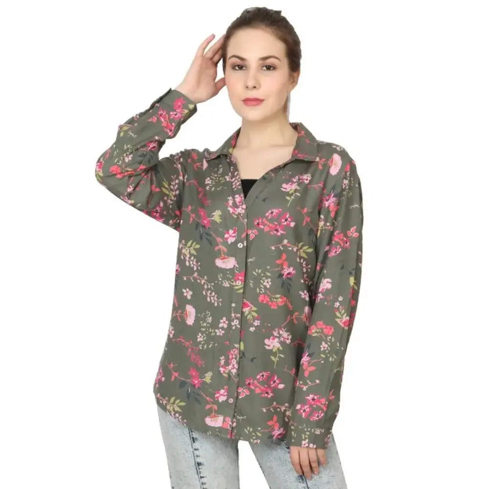 Trendy Women Printed Crepe Shirt-- Print Jacquard Patchwork
