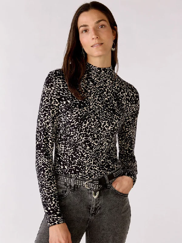 Oui Turtleneck Printed Shirt Black-- Ribbed T-Shirt High Neck Heavyweight