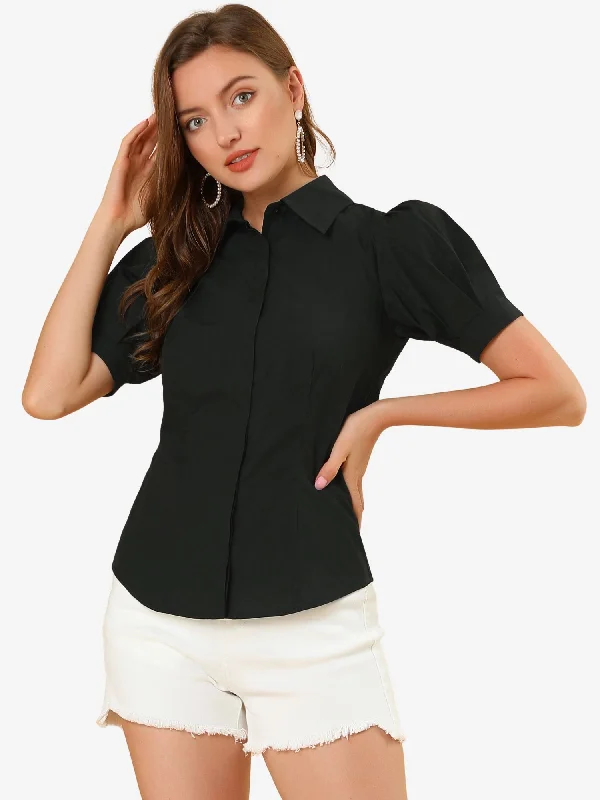 Puff Sleeve Collared Cotton Work Office Button Down Shirt-- Lace Blend Ribbed Blend Corduroy Blend