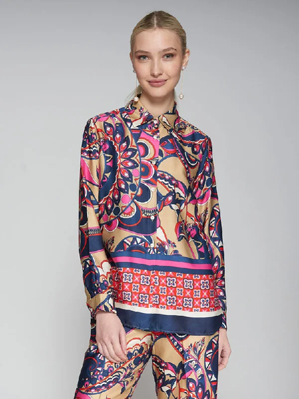 Vilagallo Printed Shirt Beige-- Seamless Knitted Crochet