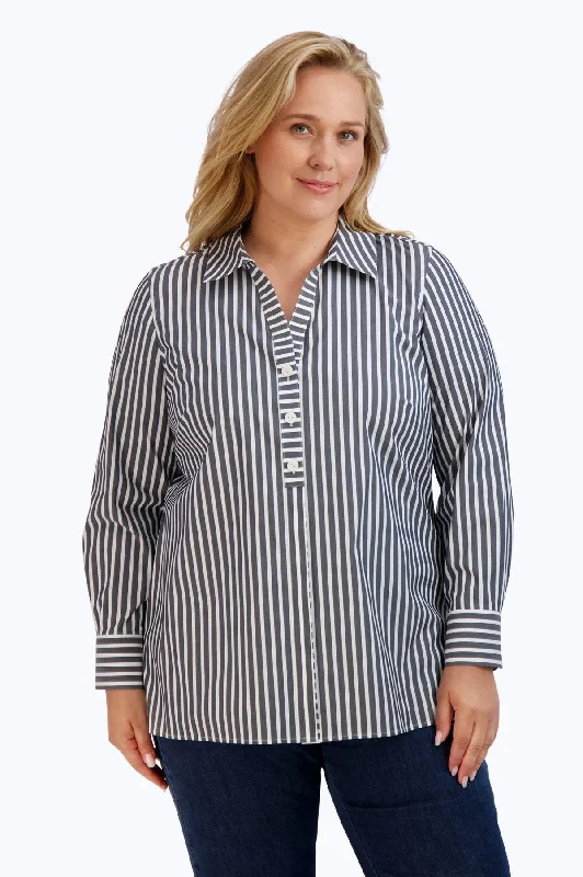 Pamela Plus Stretch No Iron Stripe Shirt, Black/White Stripe-- Welt Pockets Slit Pockets