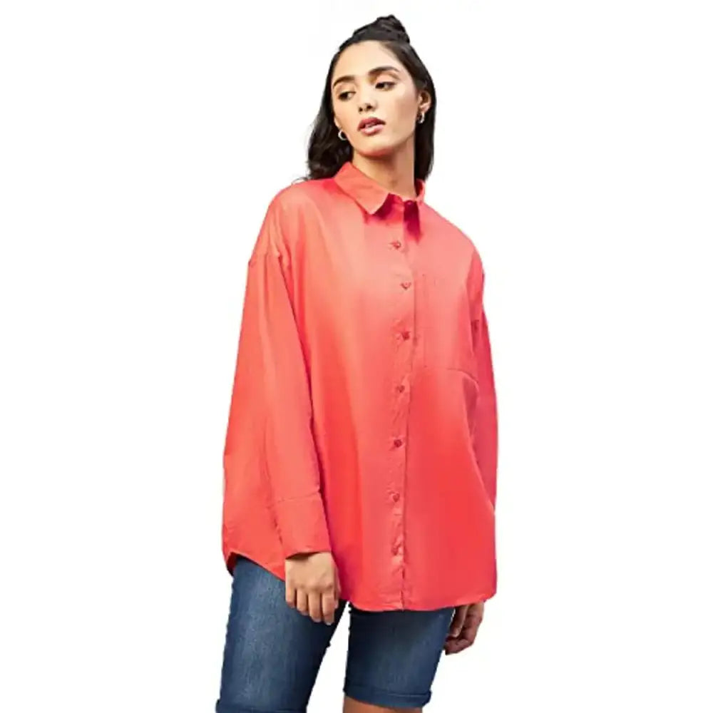 Chimpaaanzee Women Cotton Orange Solid Oversize Fit Shirt-- Embroidered Appliqued Beaded