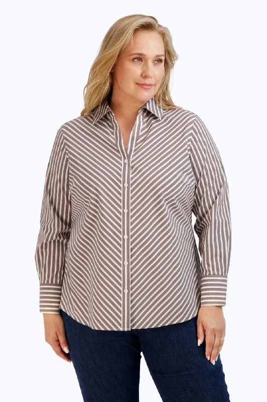 Mary Plus Stretch No Iron Stripe Shirt, Brown/White Stripe-- Notch Collar Peter Pan Collar Cowl Neck