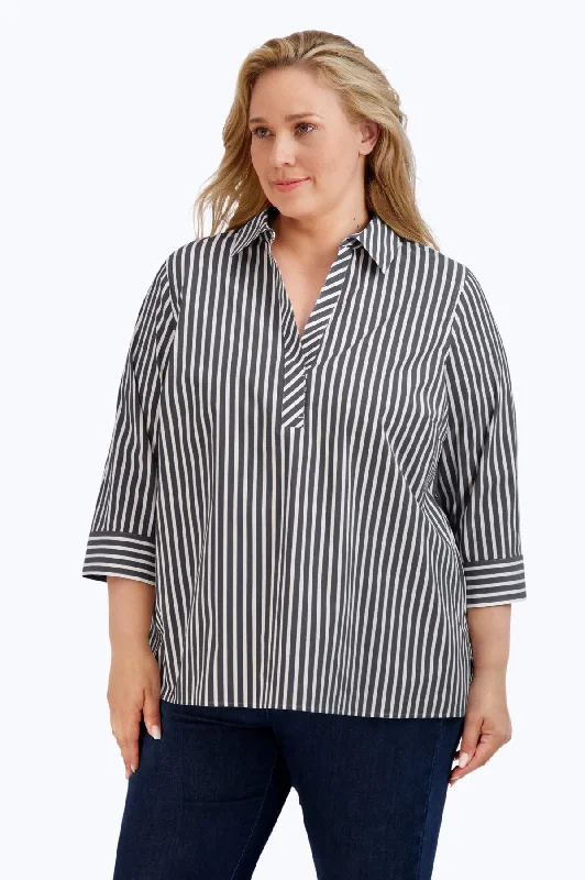 Sophia Plus Stretch No Iron Stripe Popover Shirt, Black/White Stripe-- Zippered Front Buttoned Front Snap Front