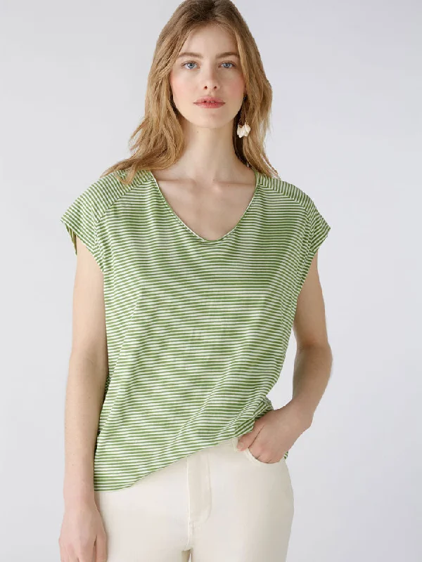 Oui Striped T-Shirt Green & White-- Faux Fur Fabric Real Fur Fabric Shearling Fabric