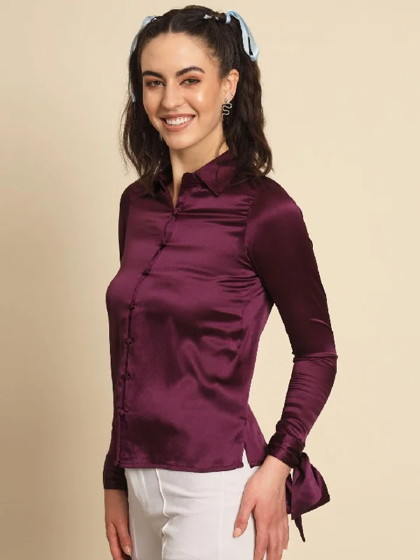 TRENDARREST Purple Tie-up Sleeve Satin Shirt-- Fashionable Trendy Casual