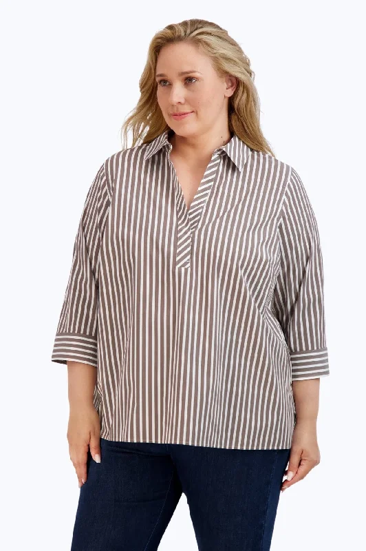 Sophia Plus Stretch No Iron Stripe Popover Shirt, Brown/White Stripe-- Front Pockets Side Pockets Patch Pockets