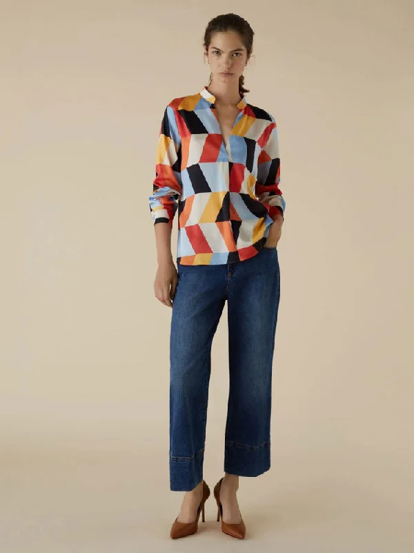 Emme Marella Staffa Shirt Cream Chevron-- Collared T-Shirt Boat Neck A-Line