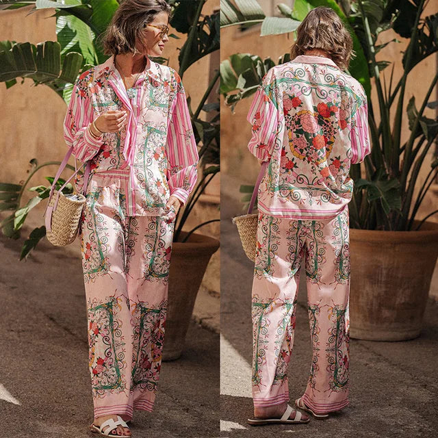Street Print Shirt Pants Women Set Single Collar Shirt Pant Set-- Layered Multi-layer Single Layer