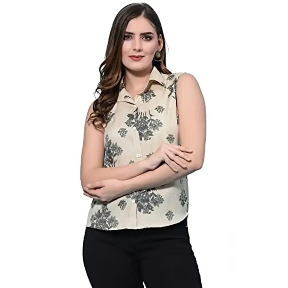 OOMPH! Women's Viscose Rayon Printed Shirt with Collared Neck and Sleeveless-- Print Jacquard Patchwork