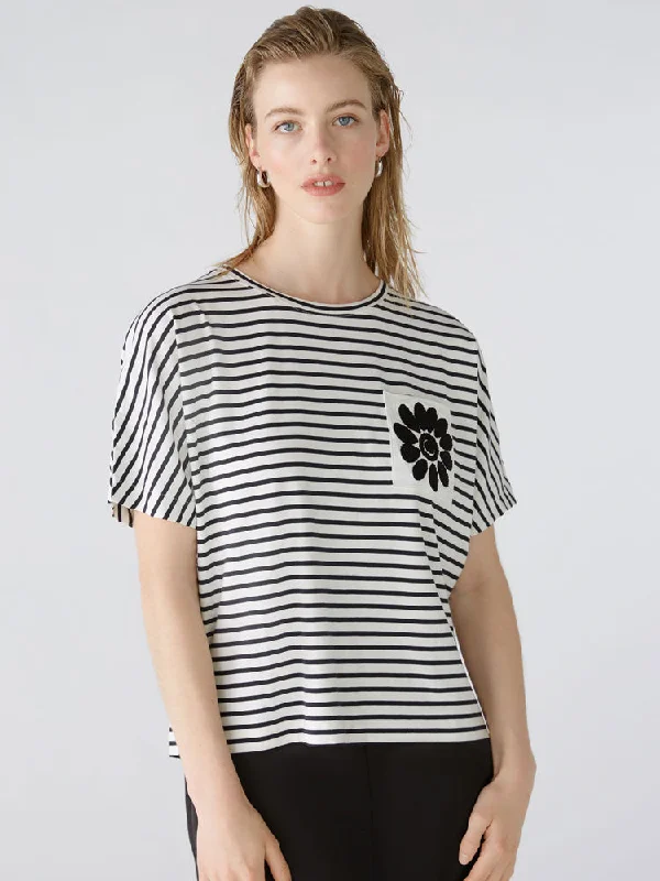 Oui Striped T-Shirt White & Black-- Denim Fabric Leather Fabric Suede Fabric