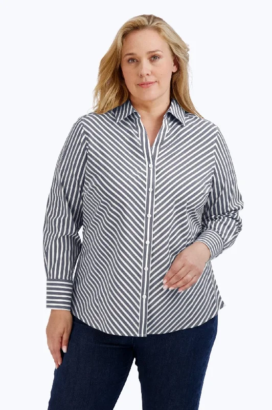 Mary Plus Stretch No Iron Stripe Shirt, Black/White Stripe-- Hooded Caped Shawl Collar