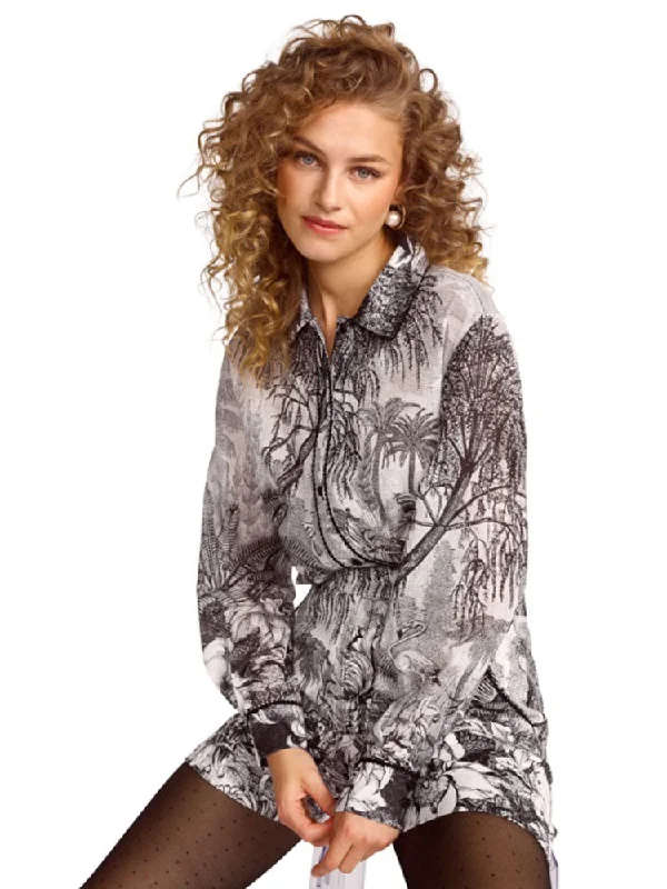 Riani Copperplate Print Shirt Off White Patterned-- Hooded Caped Shawl Collar