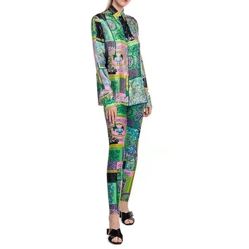 Casual Slim-fit Shirt Printed Leggings Pants Suit Women 2 Piece Set-- Graphic T-Shirt Round Neck Polyester