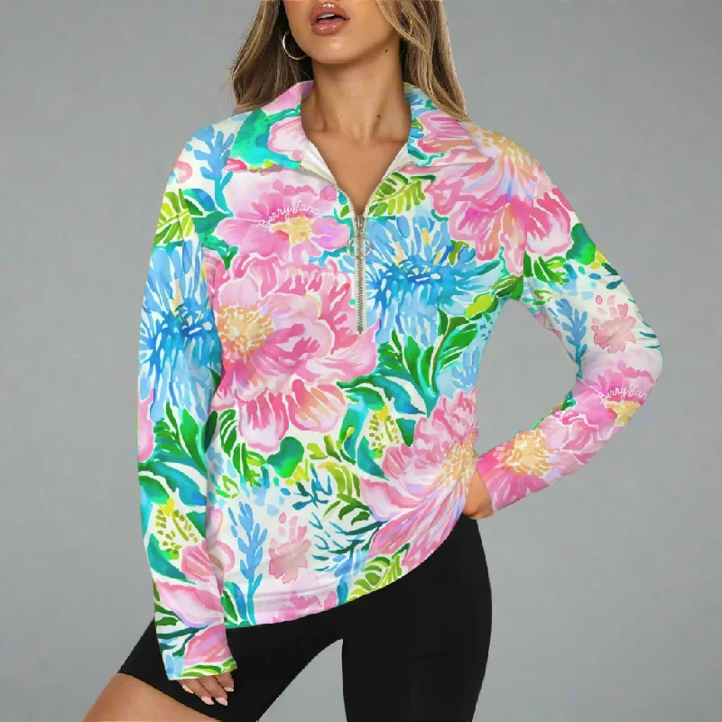 Women's UPF 50+ Long Sleeve Golf Active Tennis Shirt, Preppy Floral-- Striped Floral Plaid