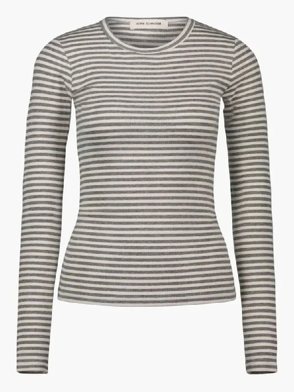Sofie Schnoor Long Sleeve T-Shirt Grey Striped-- Cashmere Blend Cotton Blend Poly Blend