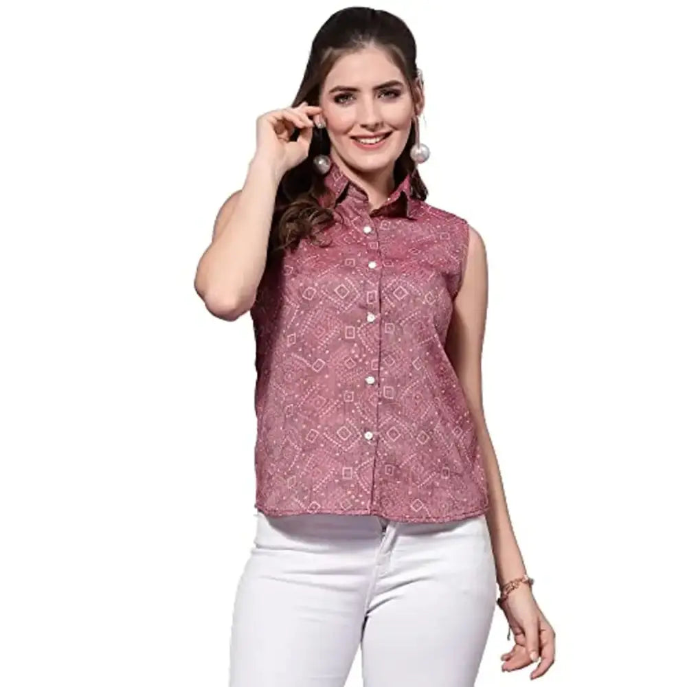 OOMPH! Women's Viscose Rayon Geometric Print Shirt with Collared Neck and Sleeveless-- Lace Blend Ribbed Blend Corduroy Blend