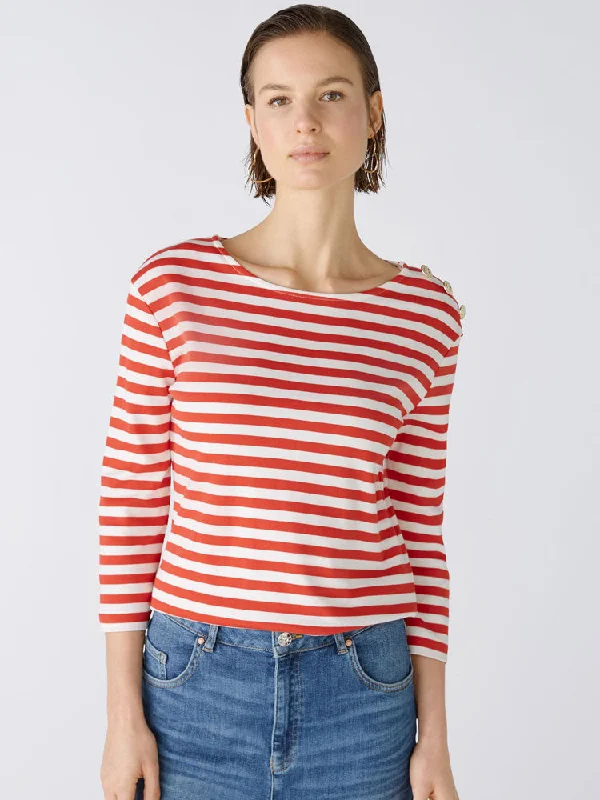 Oui Striped Long Sleeve T-Shirt Red & White-- Hooded Caped Shawl Collar