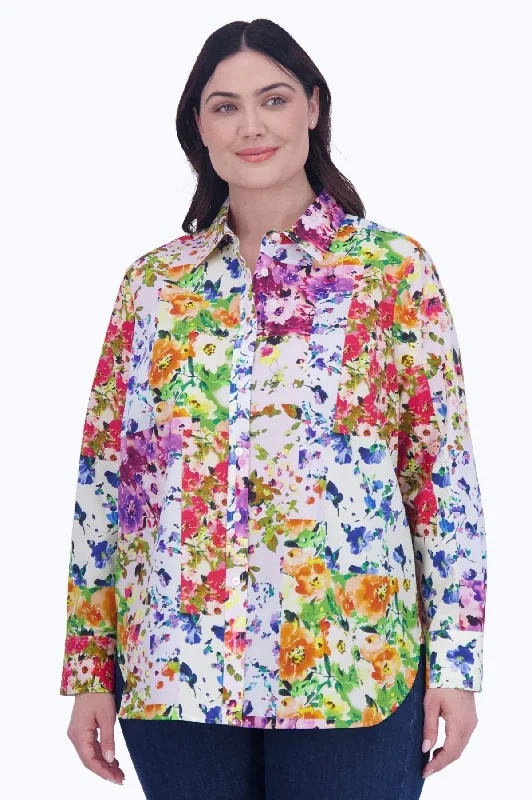 Meghan Plus No Iron Floral Patchwork Shirt-- Spandex Blend Rayon Blend Denim Blend