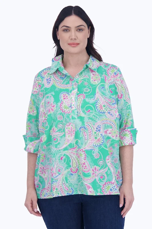 Therese Plus No Iron Green Paisley Popover Shirt-- Ribbed Striped Patterned