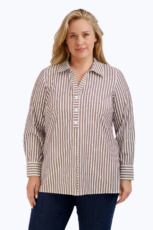 Pamela Plus Stretch No Iron Stripe Shirt, Brown/White Stripe -- Basic T-Shirt Crew Neck Short Sleeve