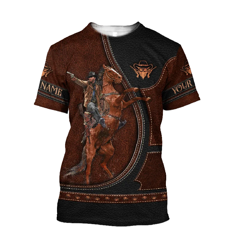 Custom Name Cowboy Ridding T Shirt Cowboy Men With Gun Shirts-- Print Jacquard Patchwork