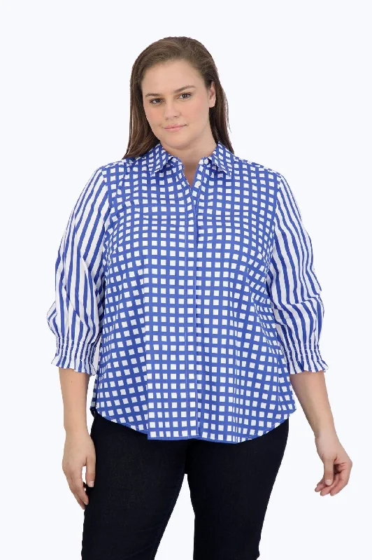Olivia Plus No Iron Gingham Stripe Combo Shirt-- Mesh Blend Leather Blend Suede Blend