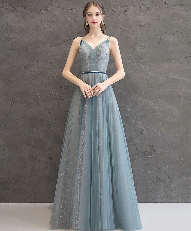 Gray Blue V Neck Tulle Long Prom Dress Gray Blue Evening Dress Tunics Mesh breathable