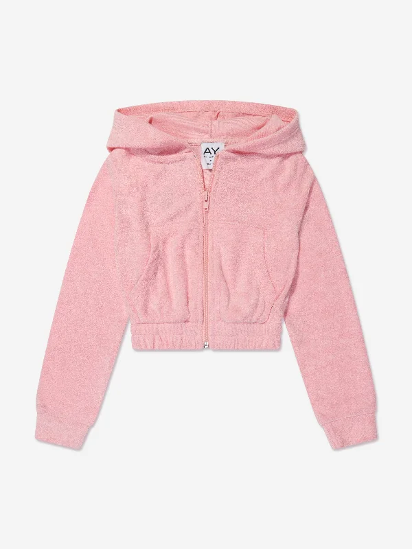 AY by AYLA Girls Towelling Hoodie in Pink Hoodie with Hem Frayed Vintage Worn