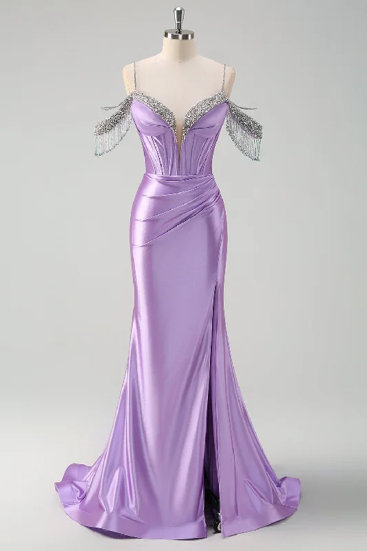 Sparkly Lilac Mermaid Cold Shoulder Tassels Satin Beaded Long Prom Dress with Slit Tunics Sophisticated sleek Sparkly Lilac Mermaid Cold Shoulder Tassels Satin Beaded Long Prom Dress with Slit Tunics Sophisticated sleek