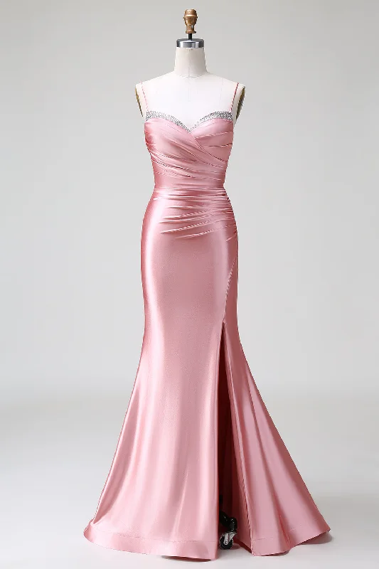 Blush Mermaid Spaghetti Straps Satin Prom Dress with Slit Tunics Bridal satin
