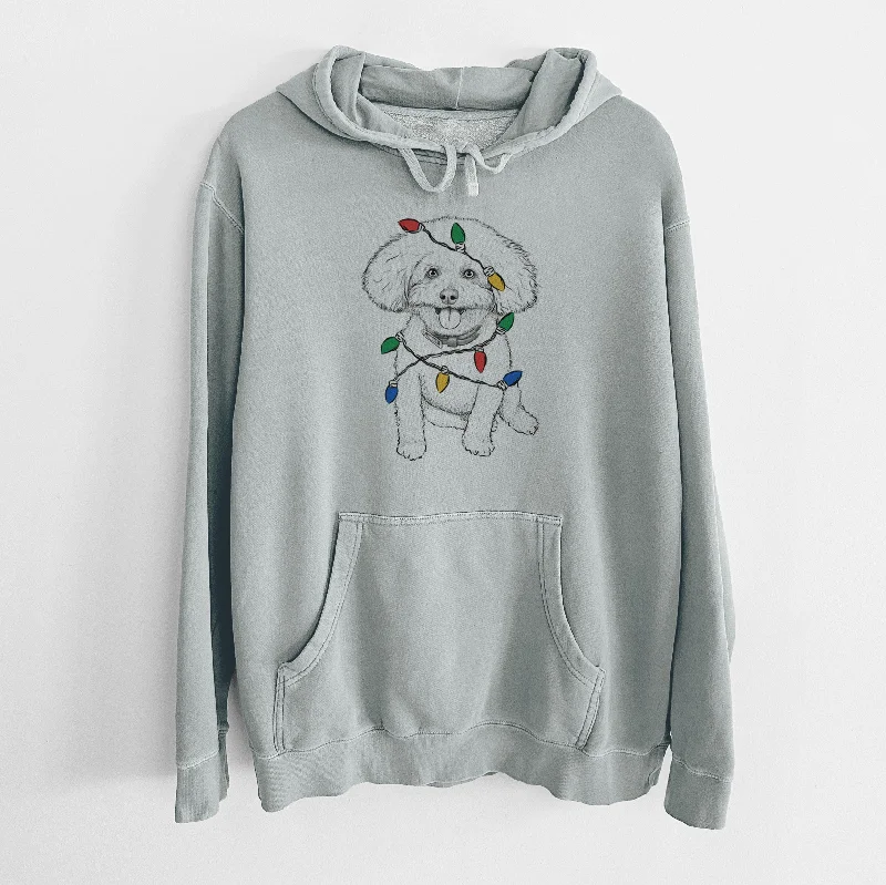 Christmas Lights Peyton the Bichon Frise - Unisex Pigment Dyed Hoodie Hoodie with Drop Shoulder Relaxed Streetwear