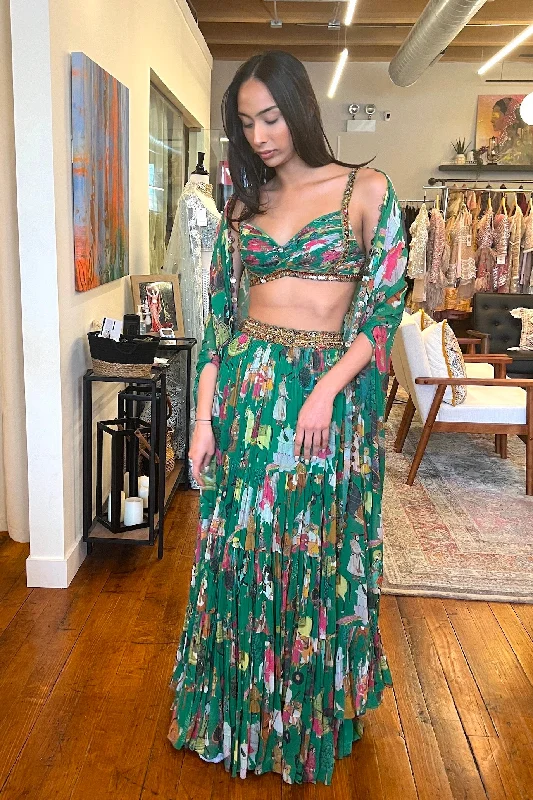 Green Printed Cape Skirt Set corduroy skirt durable