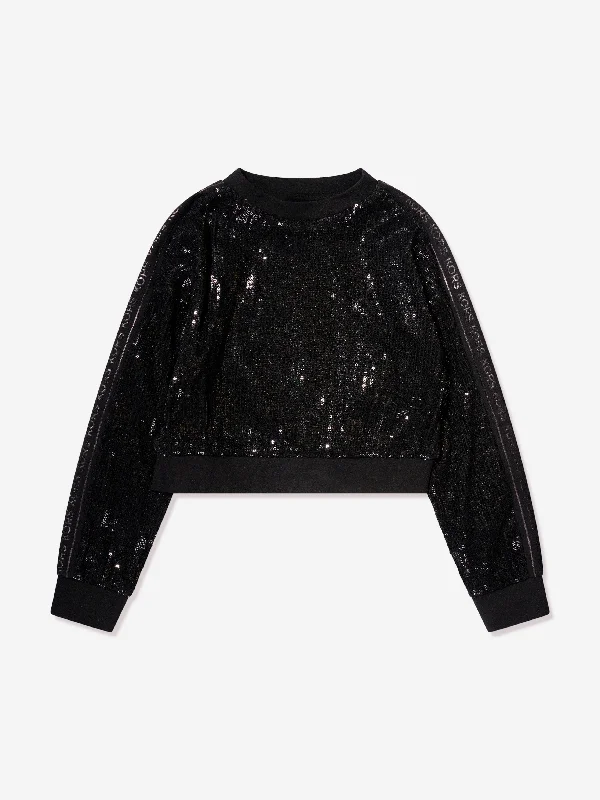 Michael Kors Girls Sequin Sweatshirt in Black Hoodie with Rolled Sleeves Casual Relaxed