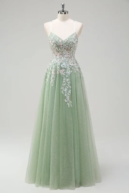 Sage A-Line Spaghetti Straps Tulle Long Prom Dress with Appliques Square Neckline Feminine Sage A-Line Spaghetti Straps Tulle Long Prom Dress with Appliques Square Neckline Feminine