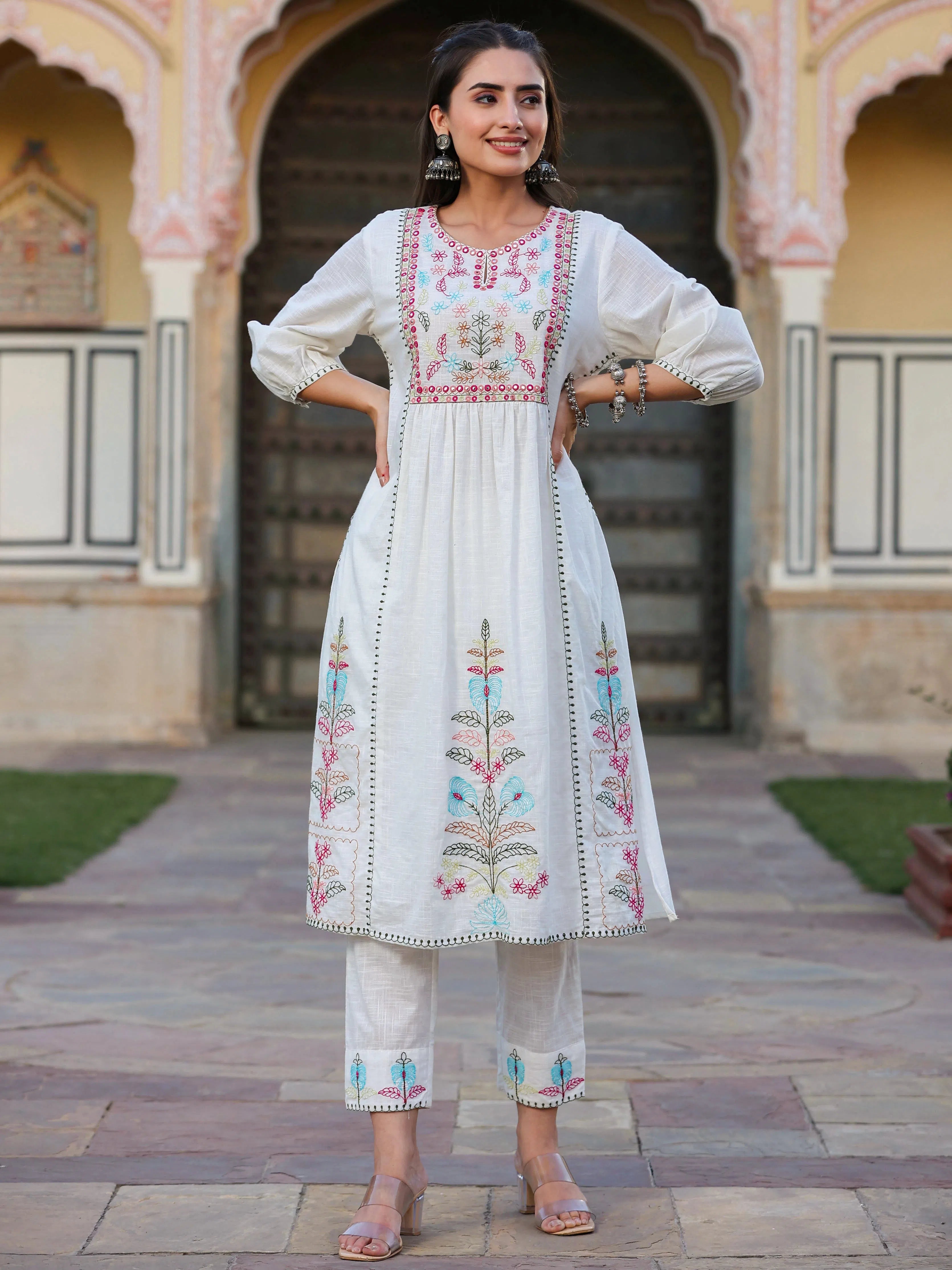 Juniper Women White Cotton Slub Embroidered Kurta & Pants Set. Trendy Work Pants